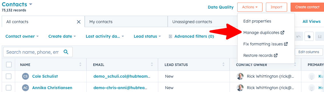 Screenshot of the Manage Duplicates tool in HubSpot